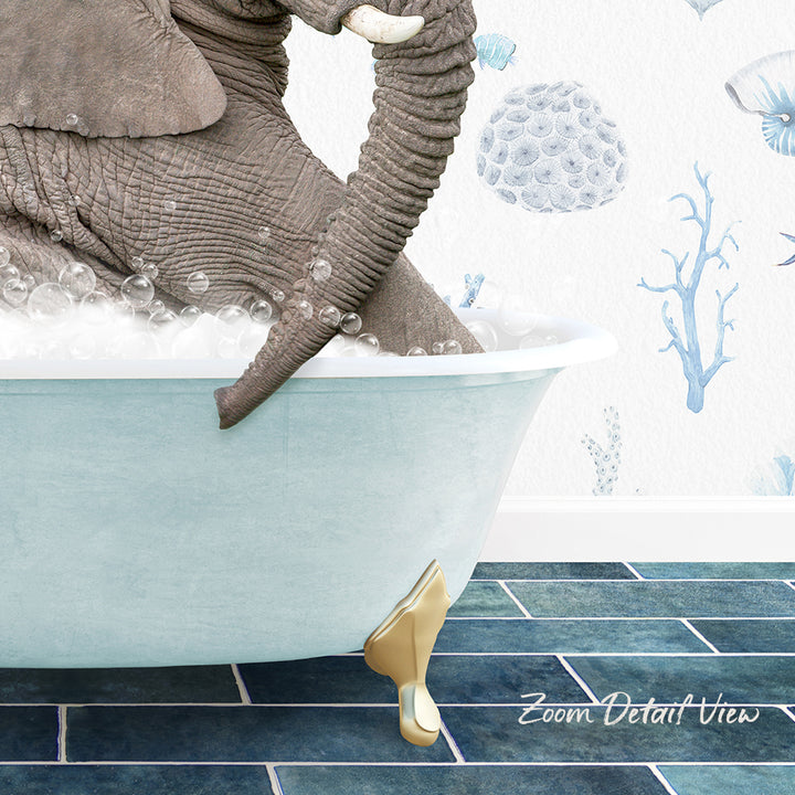 A large elephant is sitting in a bathtub filled with bubbles, surrounded by a blue and white underwater scene.