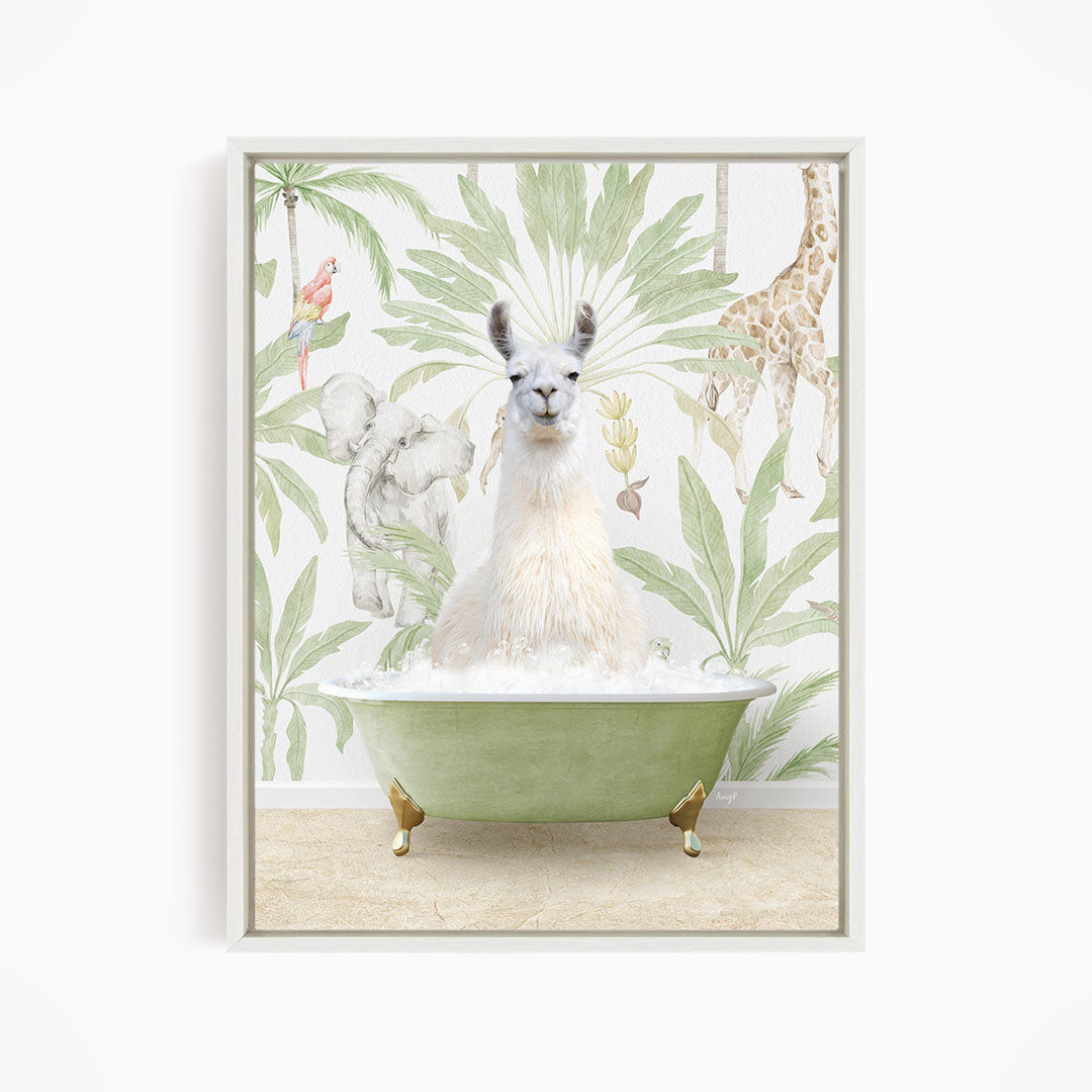 A white llama sitting in a green bathtub, surrounded by tropical plants and animals, including a giraffe and a parrot.