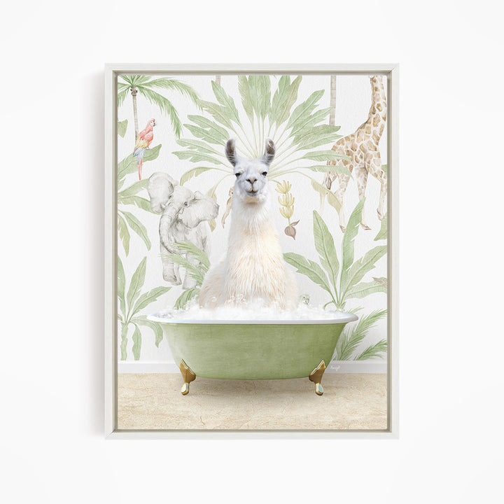 A white llama sitting in a green bathtub, surrounded by tropical plants and animals, including a giraffe and a parrot.