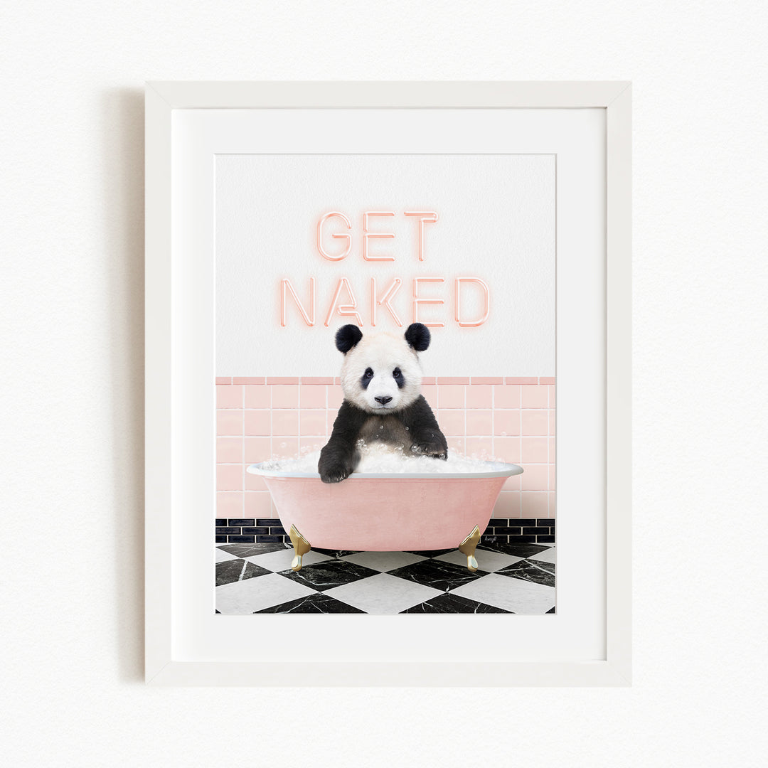 A panda bear sitting in a pink bathtub with the text "GET NAKED" displayed above it.