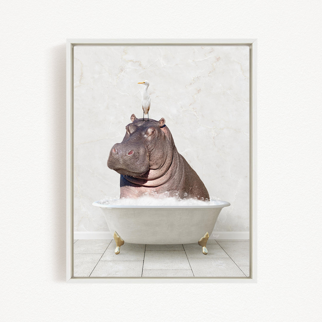 A large hippopotamus sitting in a bathtub, with a seagull perched on its head.