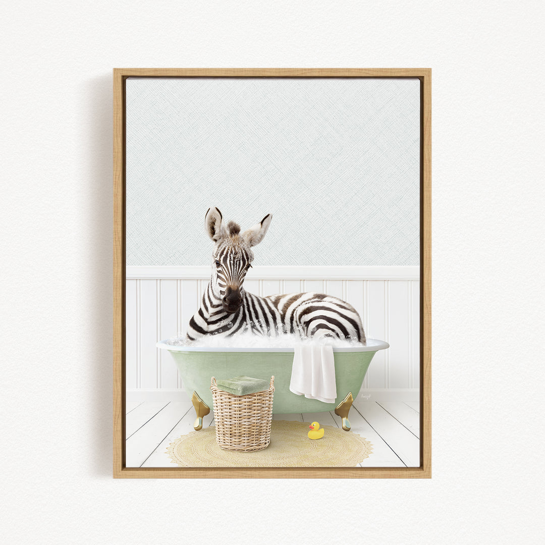 A zebra is sitting in a green bathtub, surrounded by rubber ducks and a basket.