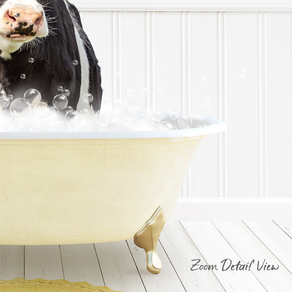 A cow standing in a bathtub filled with bubbles, with a white wall and wooden floor in the background.