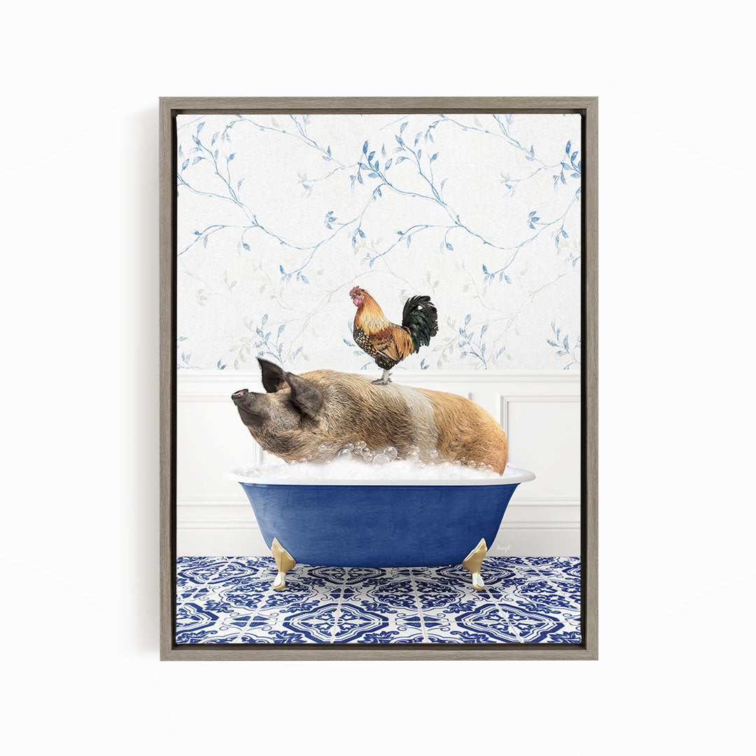 A rooster sits atop a pig in a blue bathtub, surrounded by a blue and white patterned floor.