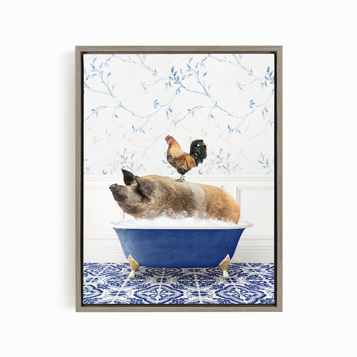 A rooster sits atop a pig in a blue bathtub, surrounded by a blue and white patterned floor.