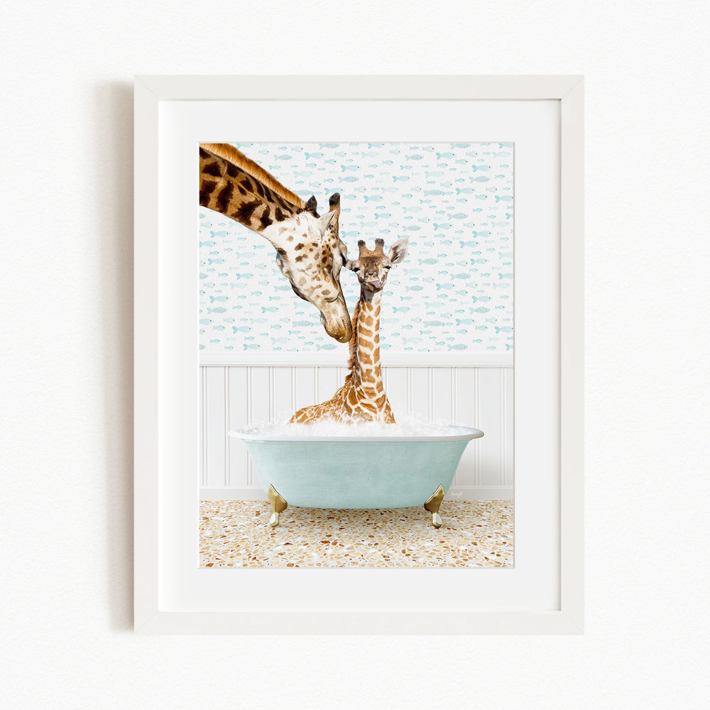A mother giraffe and her baby giraffe are enjoying a relaxing bath in a light blue bathtub, surrounded by a patterned wall and floor.