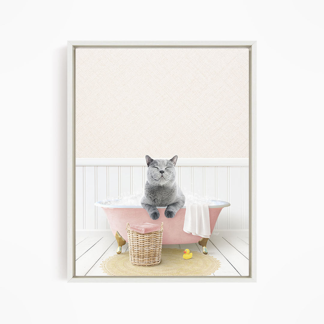 A gray cat sitting in a pink bathtub, surrounded by a yellow rubber duck and a wicker basket.