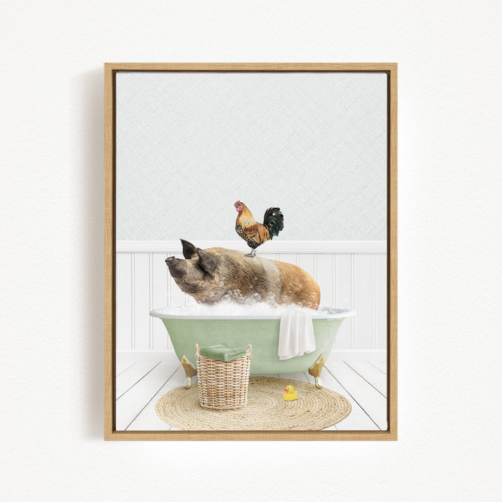 A pig is sitting in a green bathtub, surrounded by a rooster and a rubber duck, creating a whimsical and playful scene.