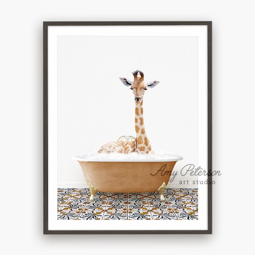 a giraffe is sitting in a bath tub