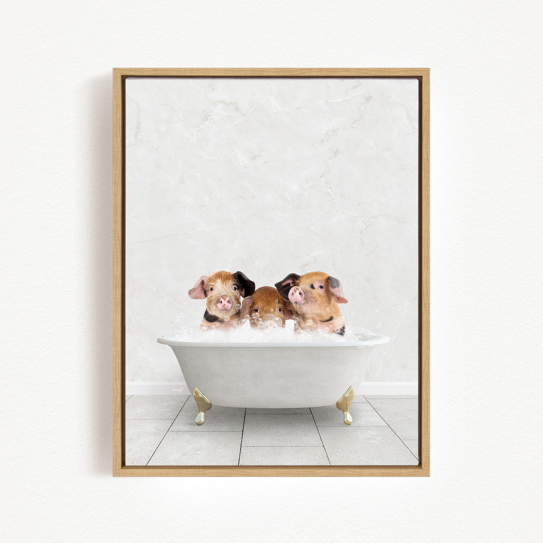 Three adorable pigs sitting in a white bathtub, enjoying a relaxing bath.