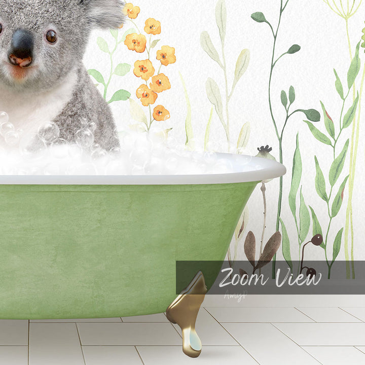 A koala sitting in a green bathtub filled with bubbles, surrounded by a floral wallpaper.