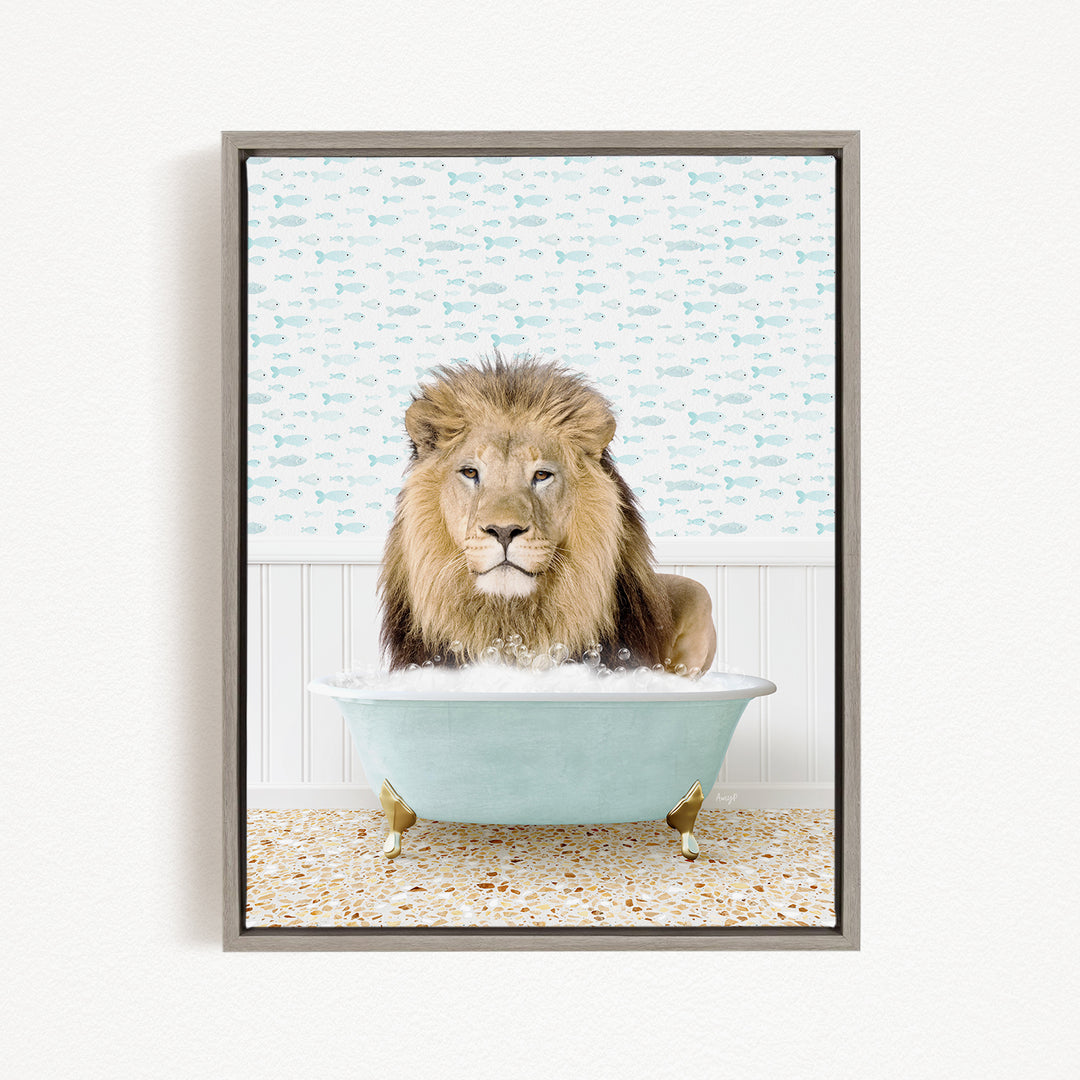 A lion sitting in a bathtub filled with bubbles, surrounded by a pattern of fish.