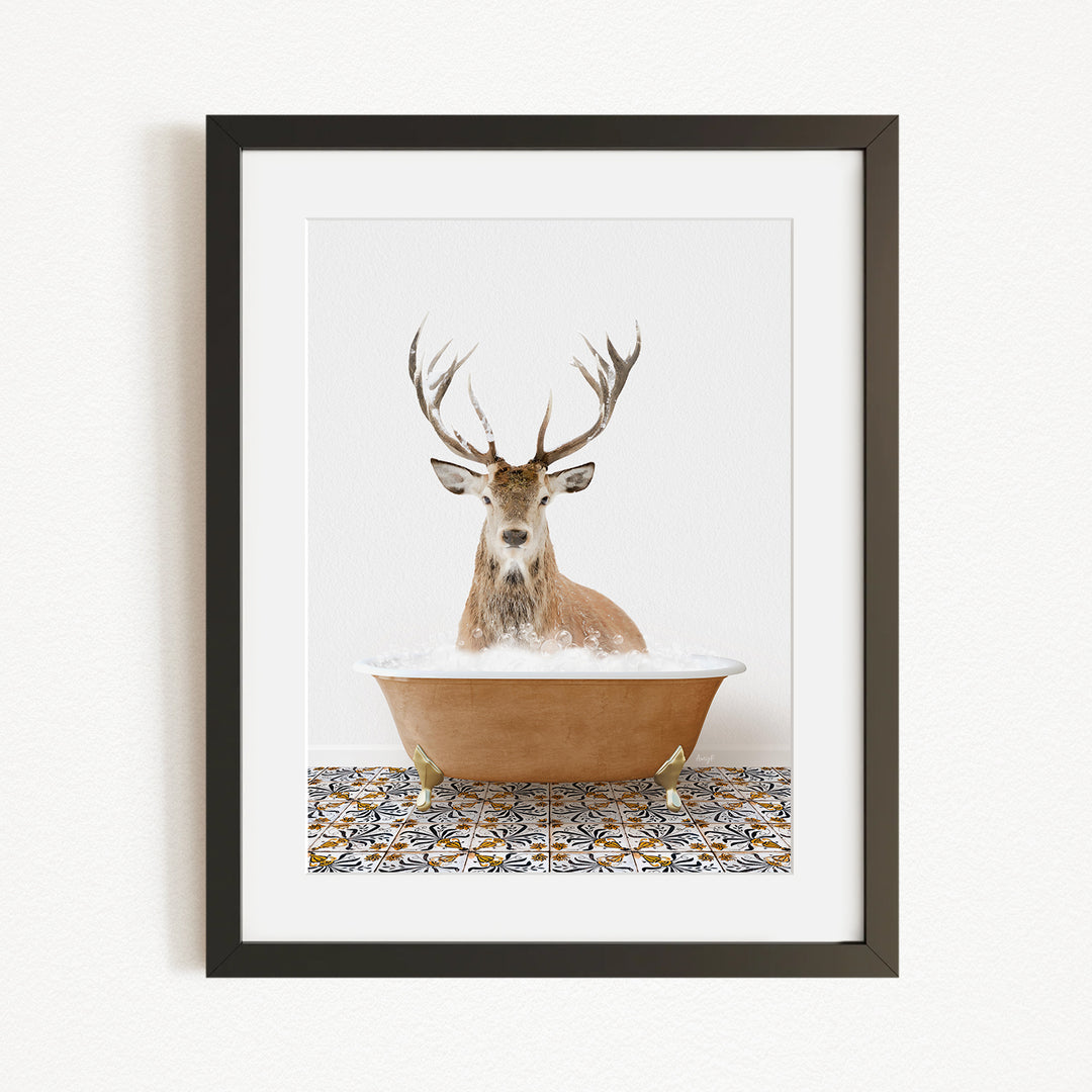 A deer with large antlers is sitting in a bathtub filled with water, surrounded by a patterned tile floor.