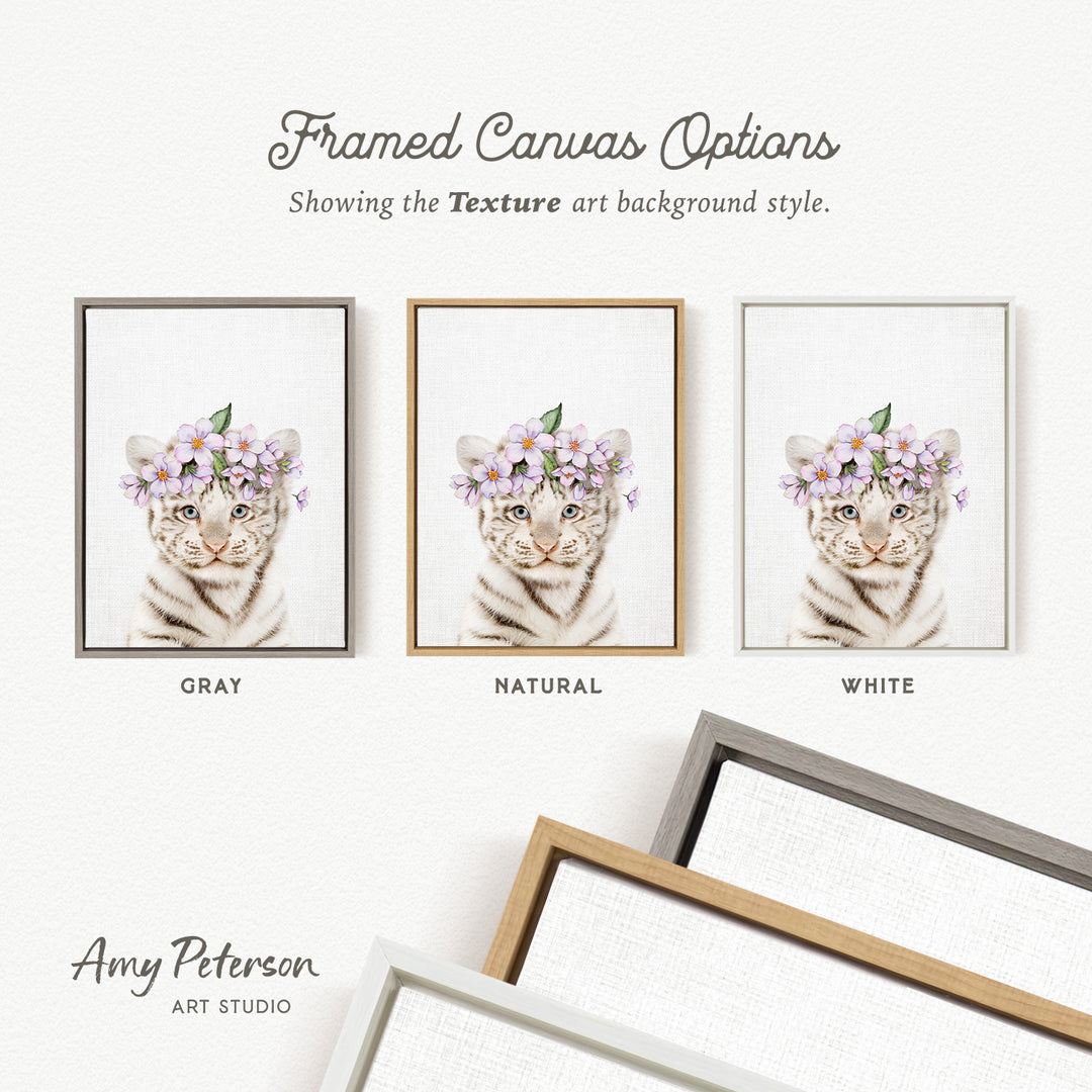 three framed canvas options, each with a different background color: gray, natural, and white. The text above the images reads " Framed Canvas Options" and "Showing the Texture art background style." The artist's name, Amy Peterson, is also mentioned at the bottom of the image.