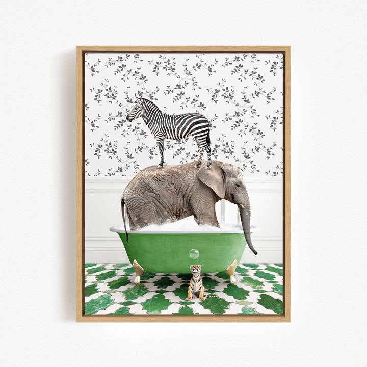 A zebra stands on the back of an elephant in a green bathtub, with a small tiger sitting in the tub in front of them.