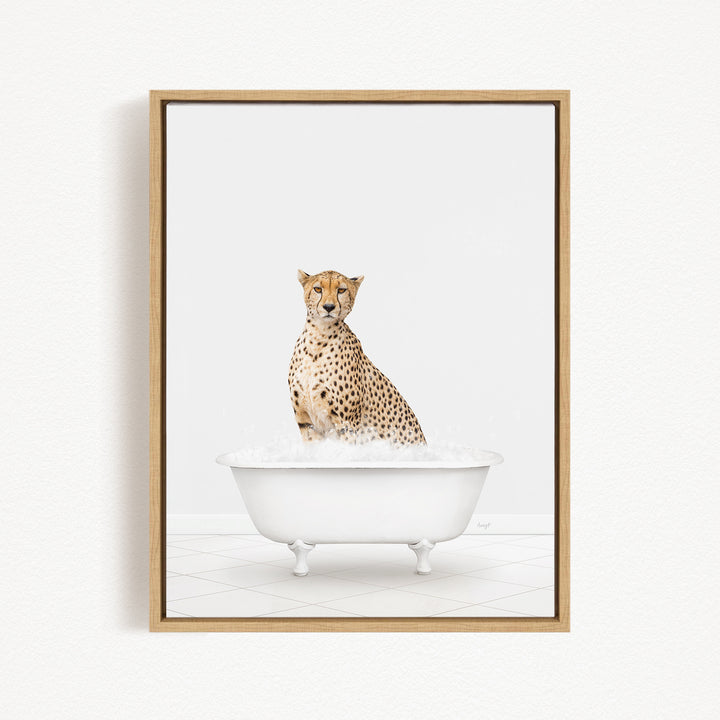 A cheetah sitting in a white bathtub filled with water.