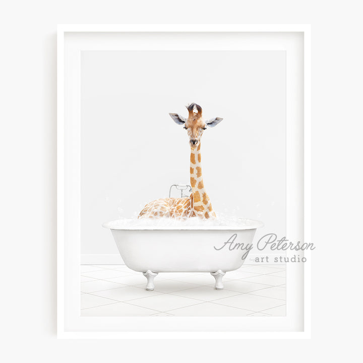 a giraffe in a bathtub with a glass of wine