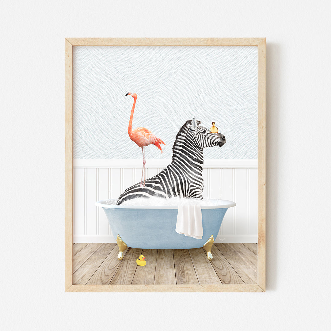 a picture of a zebra and a flamingo in a bathtub