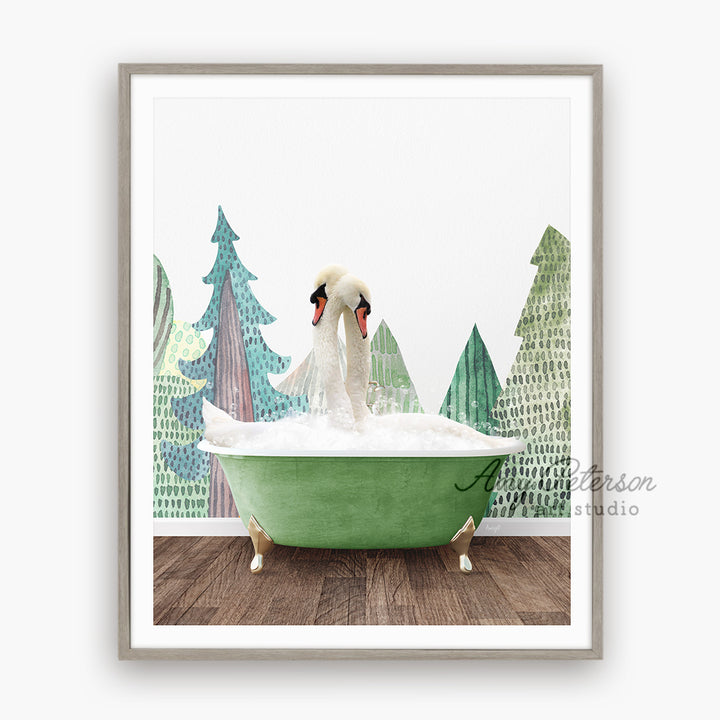 a picture of a swan taking a bath in a green bathtub