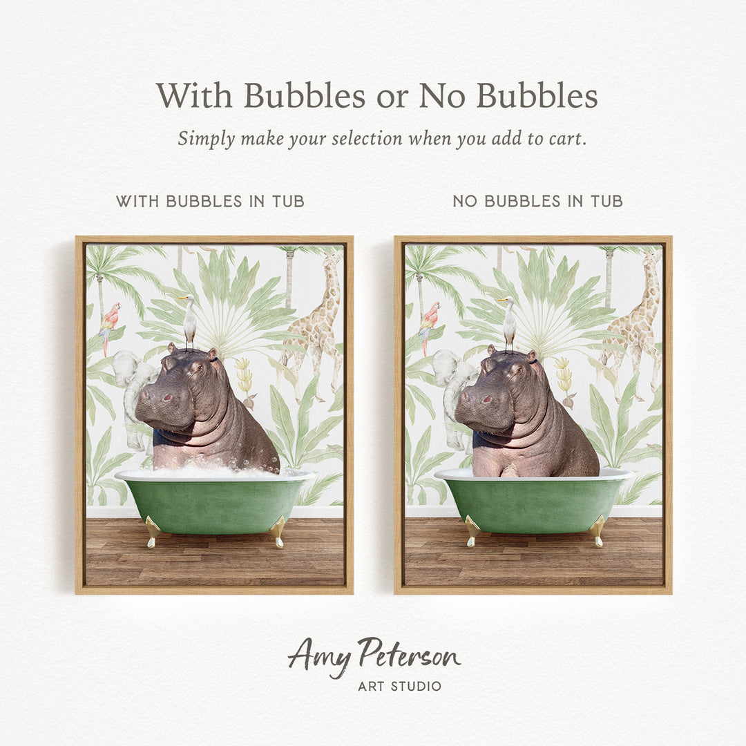 The image is a collage of two framed pictures, each depicting a hippopotamus in a bathtub. The text above the images reads "With Bubbles or No Bubbles" and below the images, it says "Simply make your selection when you add to cart." The artist's name, Amy Peterson, is mentioned at the bottom of the image.