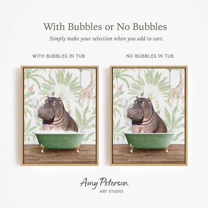 The image is a collage of two framed pictures, each depicting a hippopotamus in a bathtub. The text above the images reads "With Bubbles or No Bubbles" and below the images, it says "Simply make your selection when you add to cart." The artist's name, Amy Peterson, is mentioned at the bottom of the image.