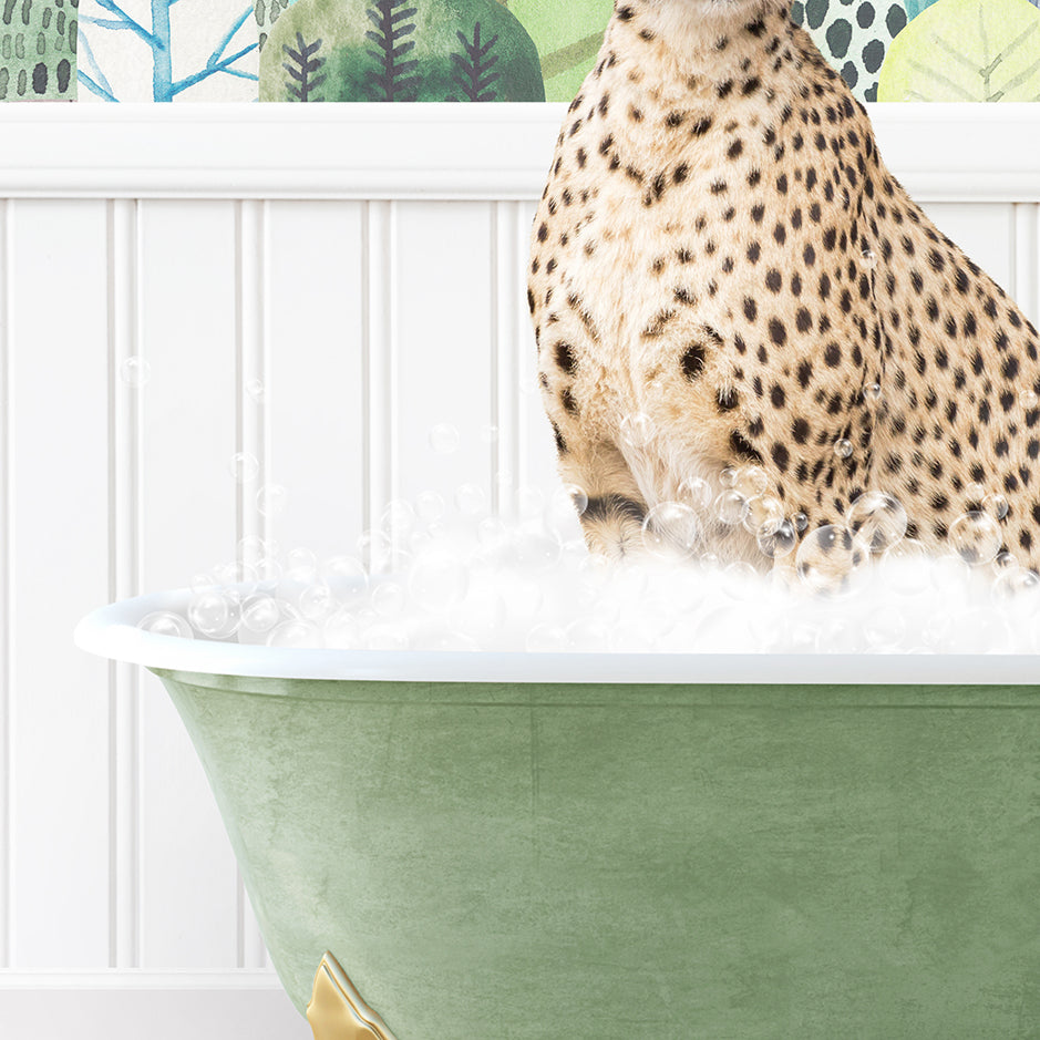 a cheetah sitting in a bathtub full of foam