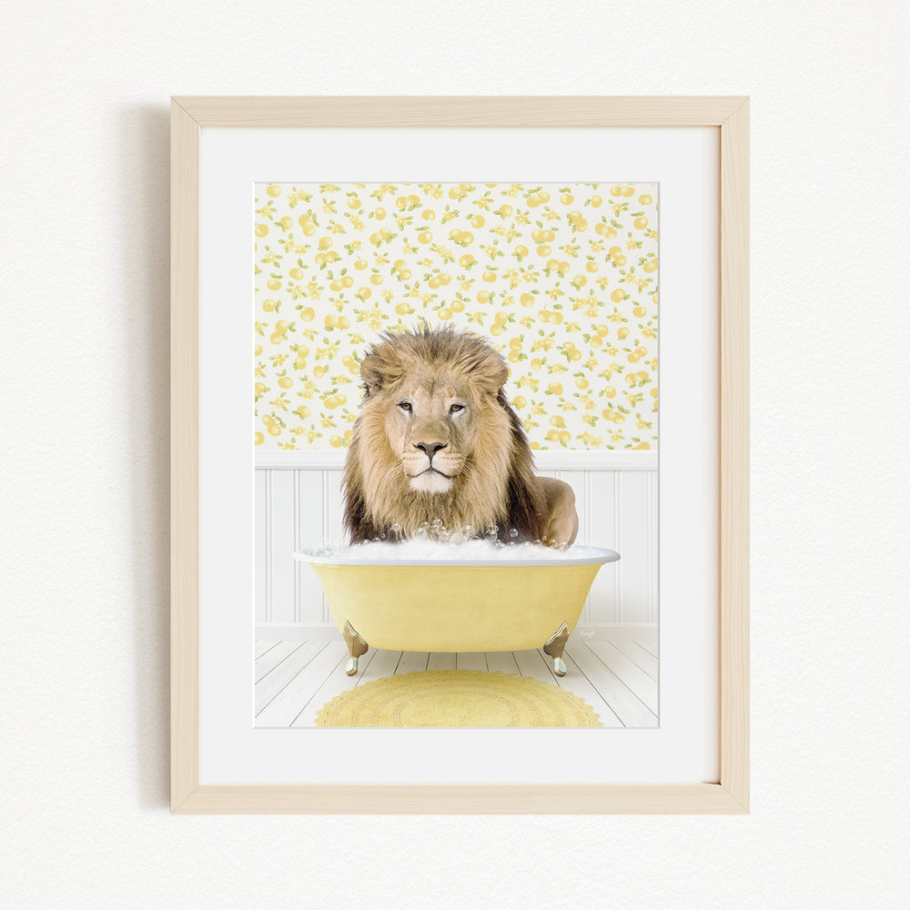 A lion sitting in a yellow bathtub, surrounded by a yellow floral pattern on the wall behind it.