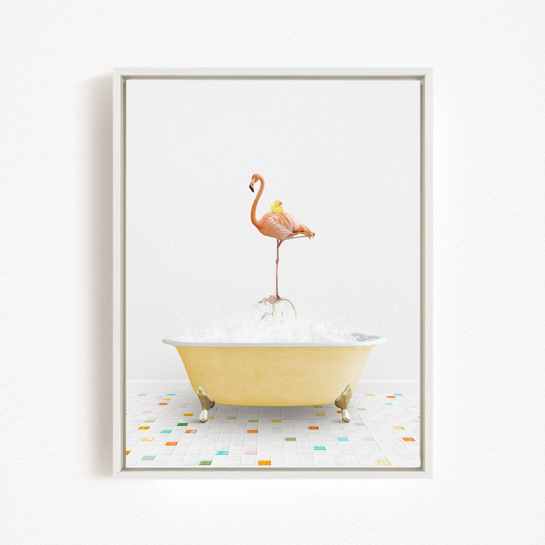 A pink flamingo stands on a yellow bathtub filled with bubbles, surrounded by a colorful tiled floor.