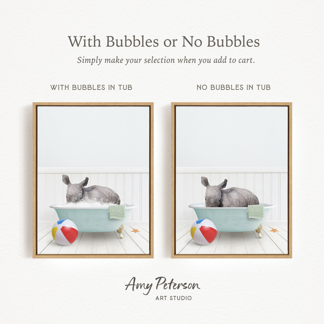 The image is a collage of two framed pictures, each depicting a gray rabbit sitting in a bathtub with or without bubbles. The text above the images reads "With Bubbles or No Bubbles Simply make your selection when you add to cart." The text below the images reads "WITH BUBBLES IN TUB" and "NO BUBBLES IN TUB," indicating the presence or absence of bubbles in the bathtub.