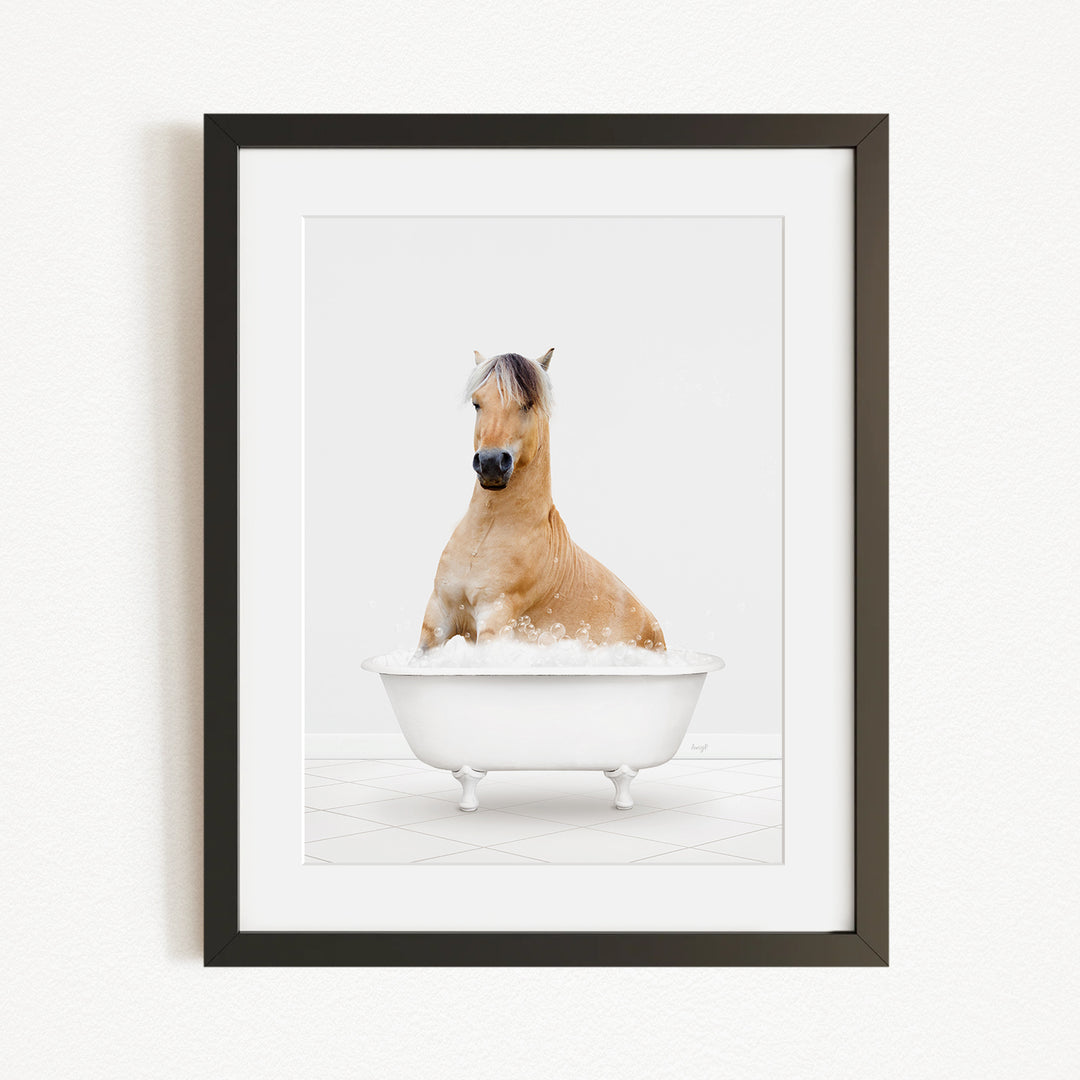 A horse sitting in a white bathtub filled with water, creating a whimsical and playful scene.