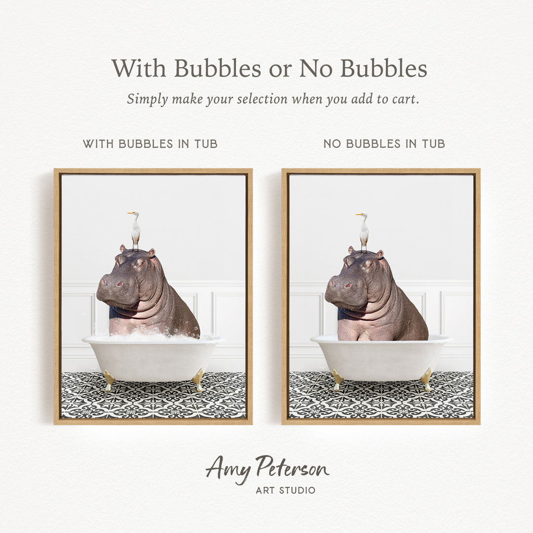 The image is a collage of two pictures featuring a hippopotamus sitting in a bathtub. The first picture has bubbles in the tub, while the second picture does not have bubbles. The text above the images reads "With Bubbles or No Bubbles Simply make your selection when you add to cart."