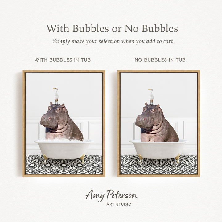 The image is a collage of two pictures featuring a hippopotamus sitting in a bathtub. The first picture has bubbles in the tub, while the second picture does not have bubbles. The text above the images reads "With Bubbles or No Bubbles Simply make your selection when you add to cart."