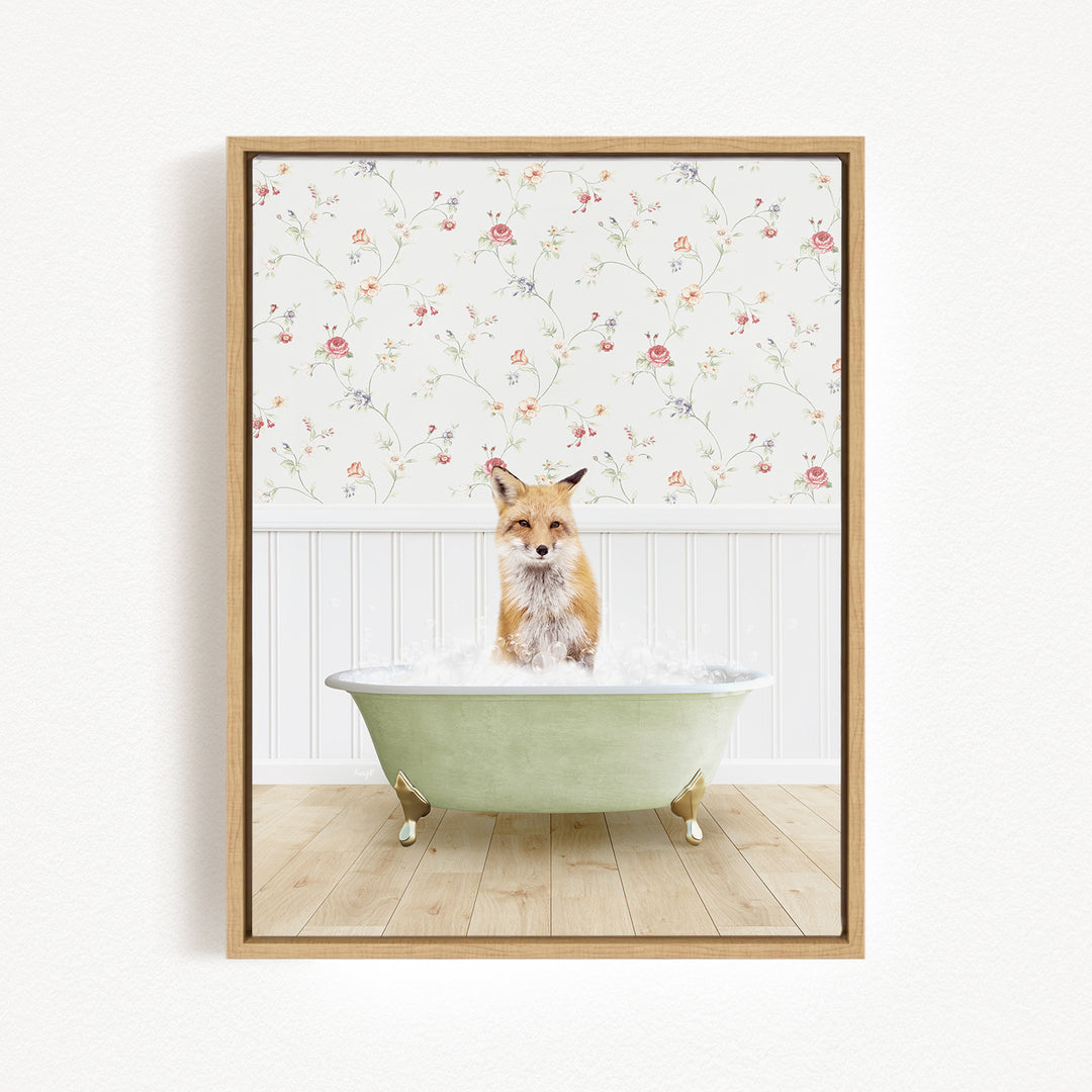 A fox is sitting in a green bathtub filled with water, surrounded by a floral wallpaper.