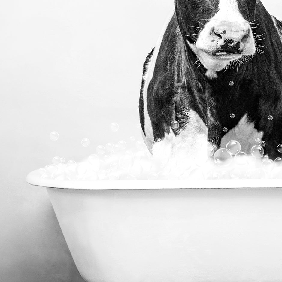 a black and white cow standing in a bathtub full of bubbles