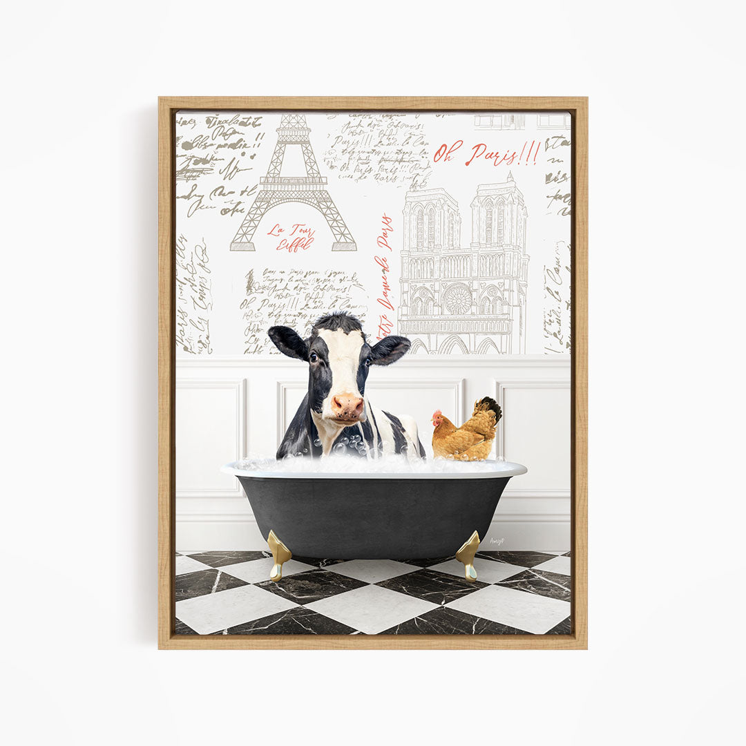 A cow is sitting in a bathtub filled with water, accompanied by a chicken, in a room with a checkered floor and a wall with the Eiffel Tower and other Parisian landmarks.