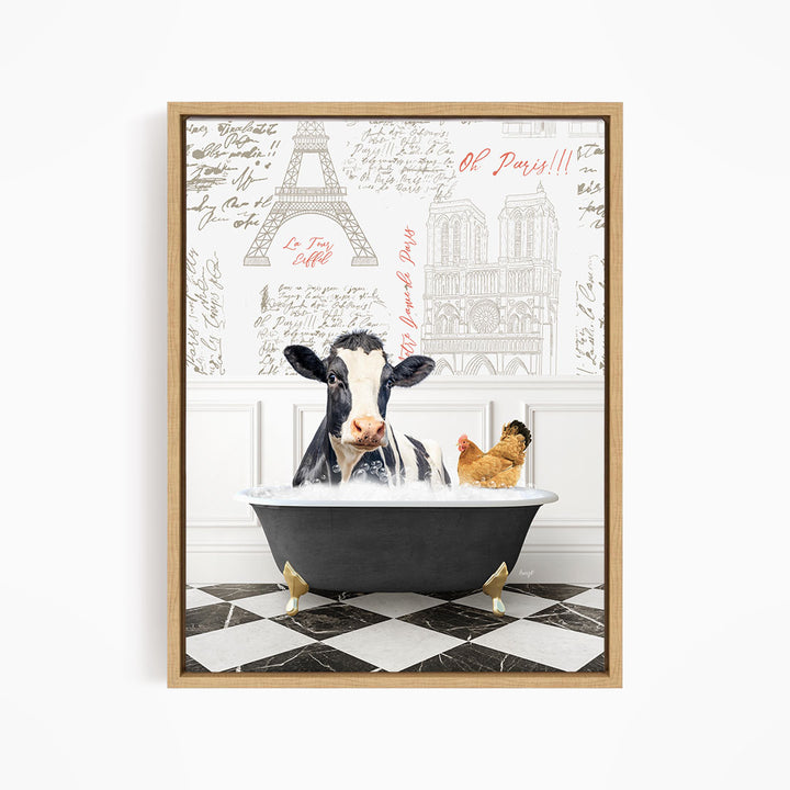 A cow is sitting in a bathtub filled with water, accompanied by a chicken, in a room with a checkered floor and a wall with the Eiffel Tower and other Parisian landmarks.