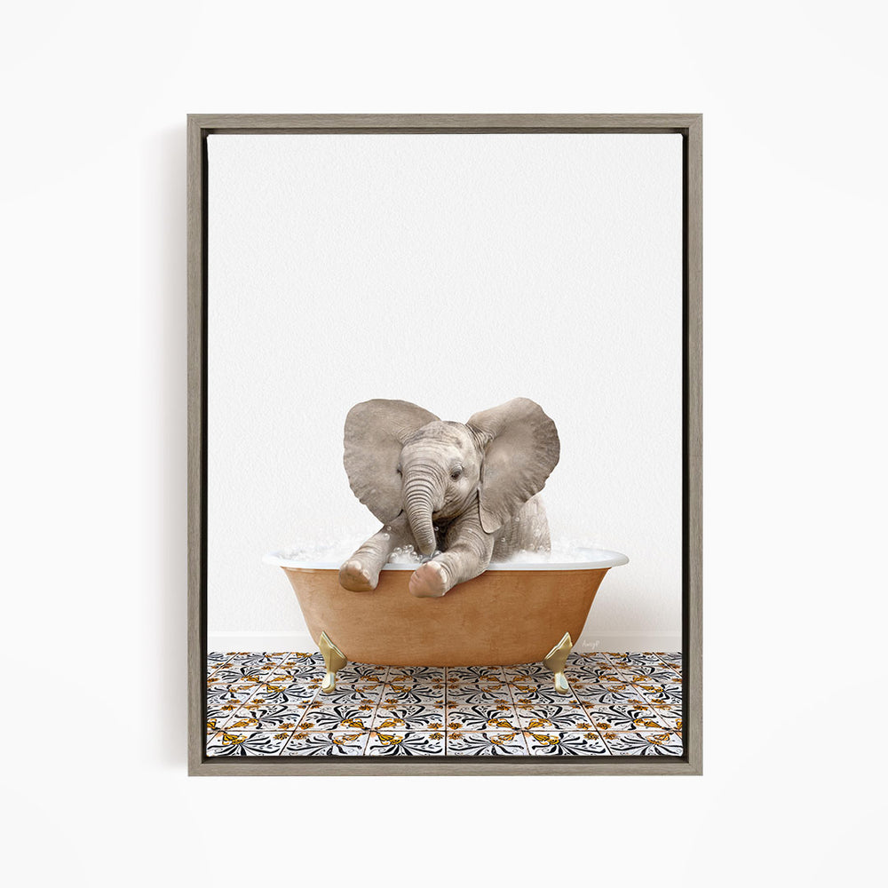 A baby elephant sitting in a bathtub filled with water, surrounded by a patterned tile floor.