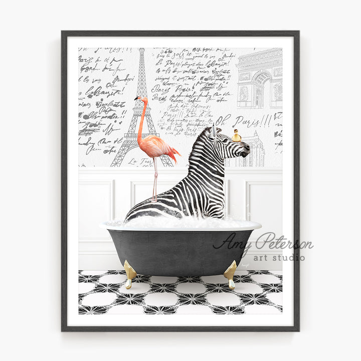 a picture of a zebra and a flamingo in a bathtub