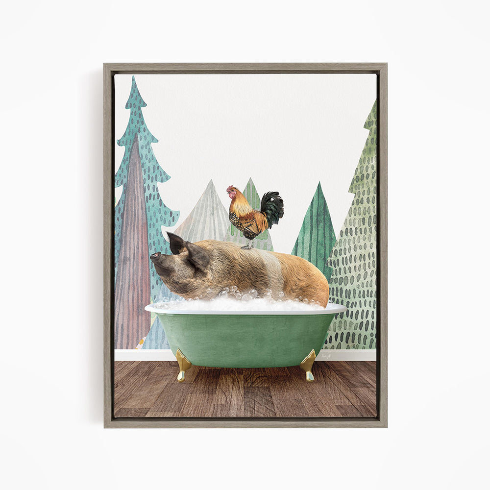A pig is sitting in a green bathtub, surrounded by a rooster, with a forest backdrop.