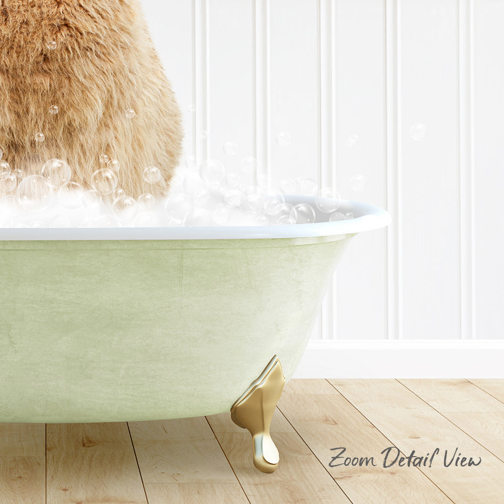 A cat standing in a green bathtub filled with bubbles, with a wooden floor and white walls in the background.