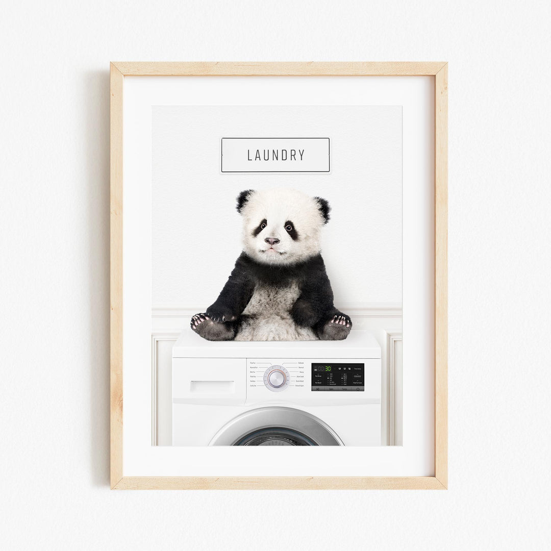a panda bear sitting on top of a washing machine