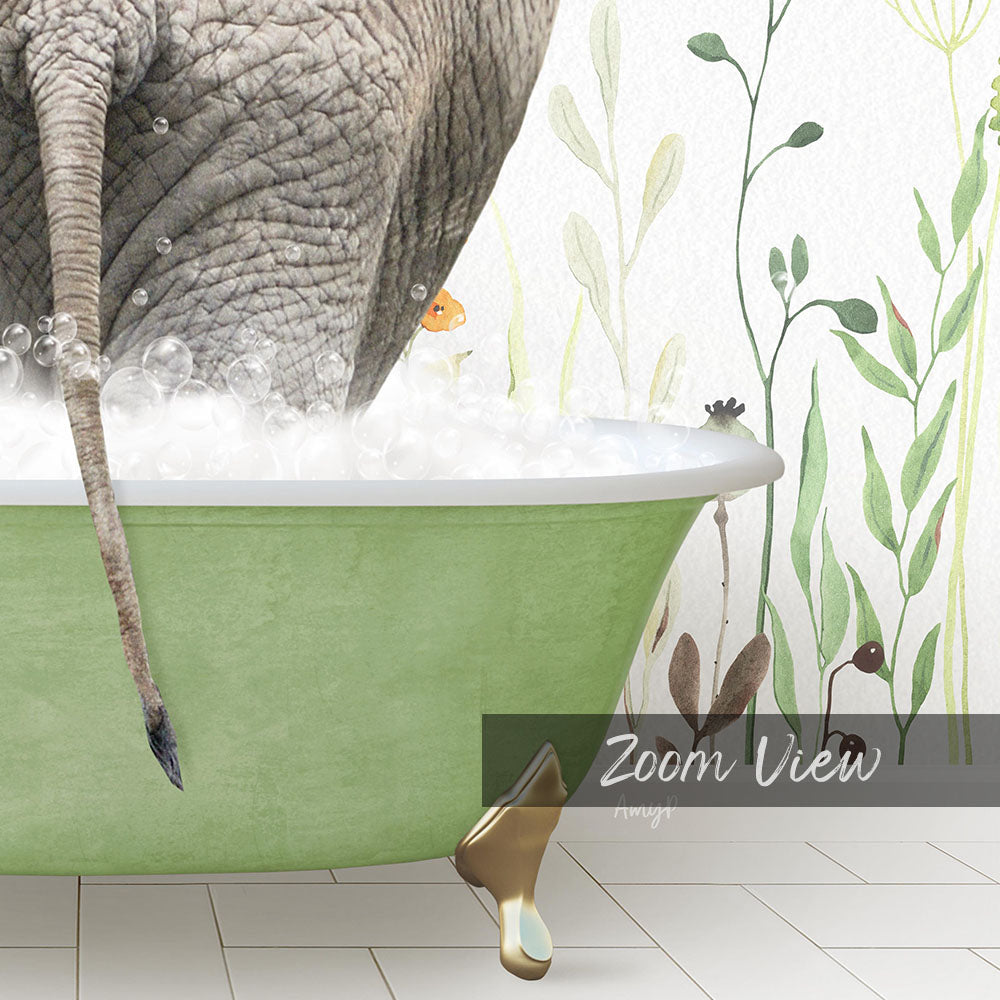 A large elephant is standing in a green bathtub filled with bubbles, surrounded by plants and flowers.