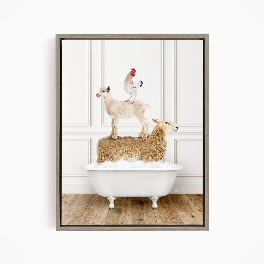 A white bathtub filled with water, with a goat standing on top of it and a chicken perched on its back.
