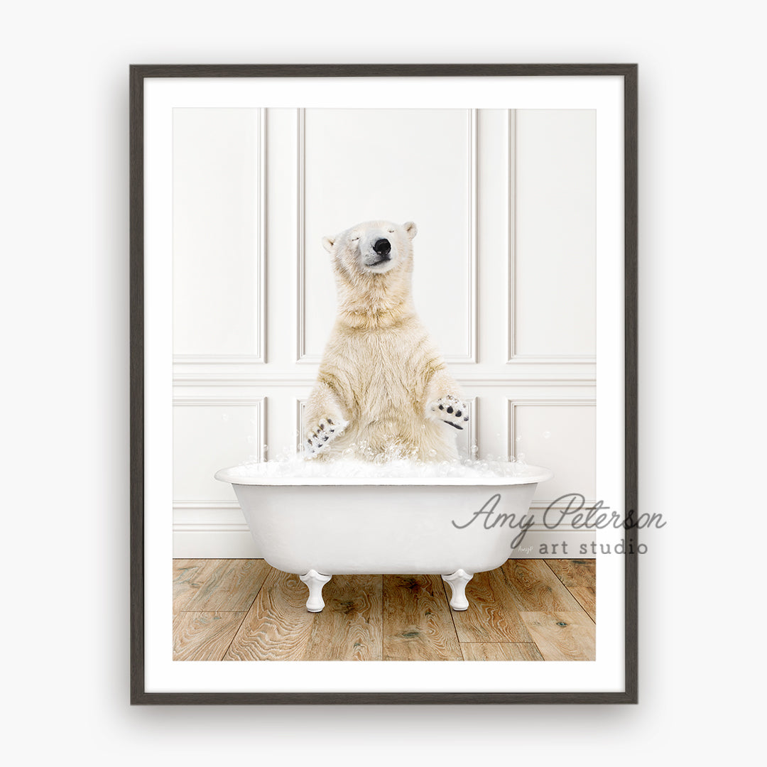 a polar bear sitting in a bath tub