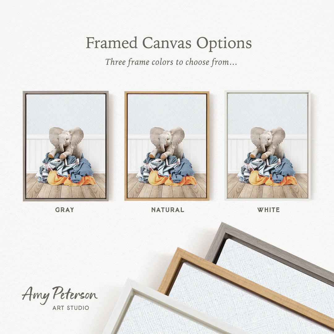 three framed canvas options, each with a different color: gray, natural, and white. The text above the images reads " framed Canvas Options" and "Three frame colors to choose from...". The text below the images reads " Amy Peterson ART STUDIO".