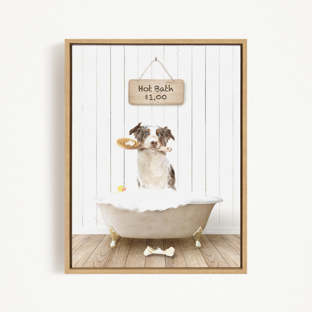 A dog sitting in a bathtub, holding a toy in its mouth, with a sign above the bathtub that reads "Hot Bath $1.00".