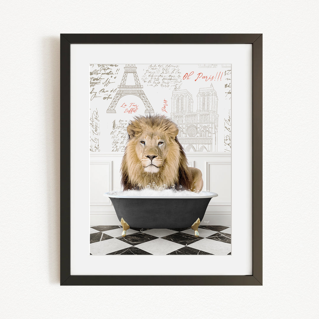 A lion is sitting in a bathtub, surrounded by a checkered floor and a backdrop featuring the Eiffel Tower.