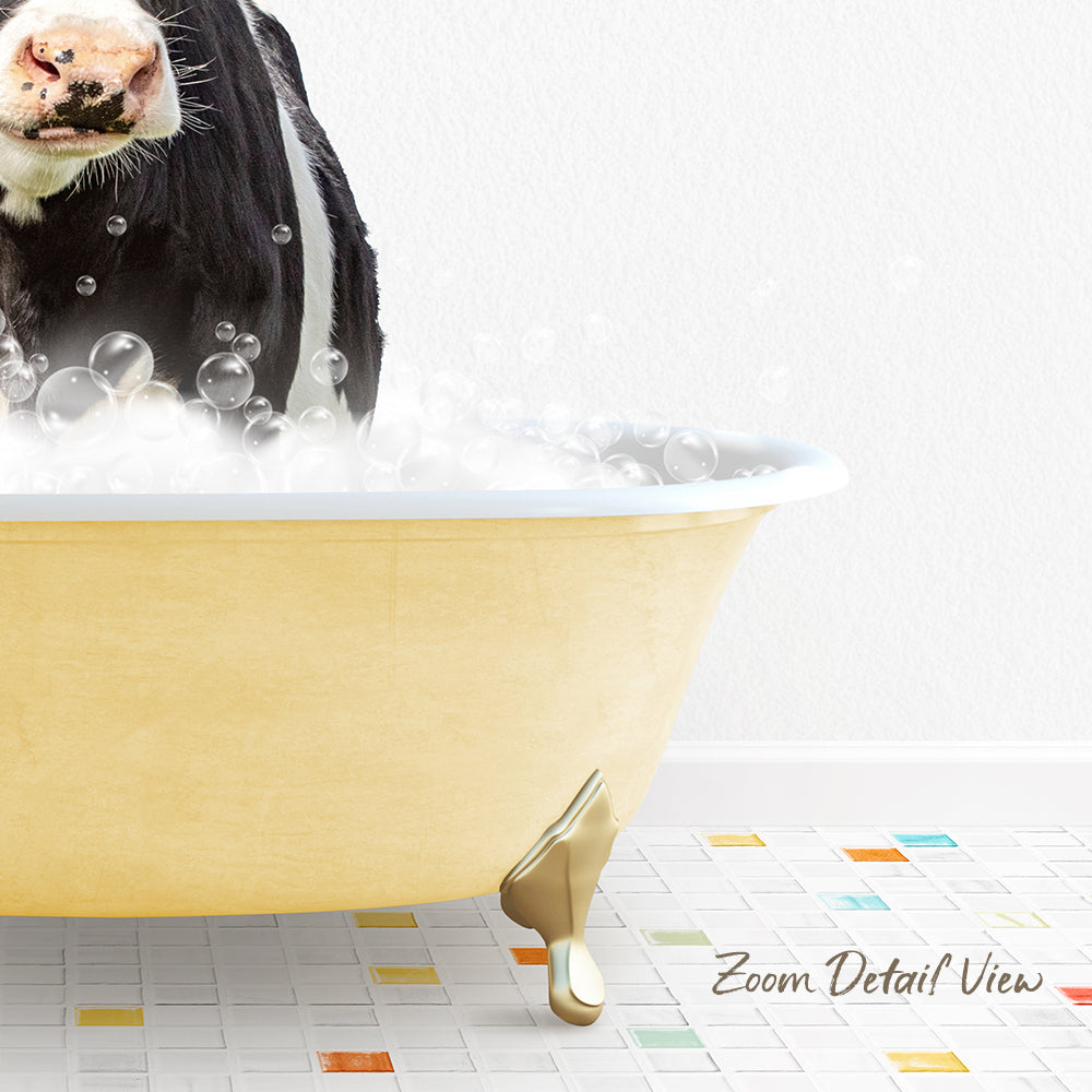 A cow standing in a yellow bathtub filled with bubbles, with a colorful tiled floor in the foreground.