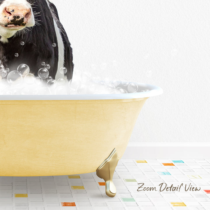 A cow standing in a yellow bathtub filled with bubbles, with a colorful tiled floor in the foreground.