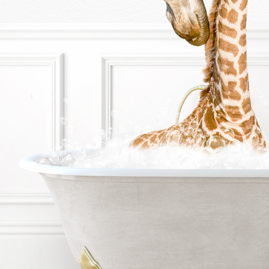 a baby giraffe in a bath tub with bubbles